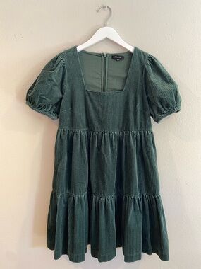 Madewell Corduroy Puff-Sleeve Tiered Mini Dress in Forest Green Size 2